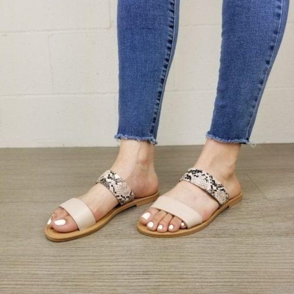 Nude Python Snake Print two Strap Flat Sandal - Picture 2 of 8